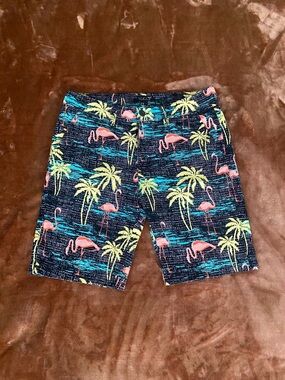 21men Black Shorts with Pink Flamingo & Yellow Palm Print
